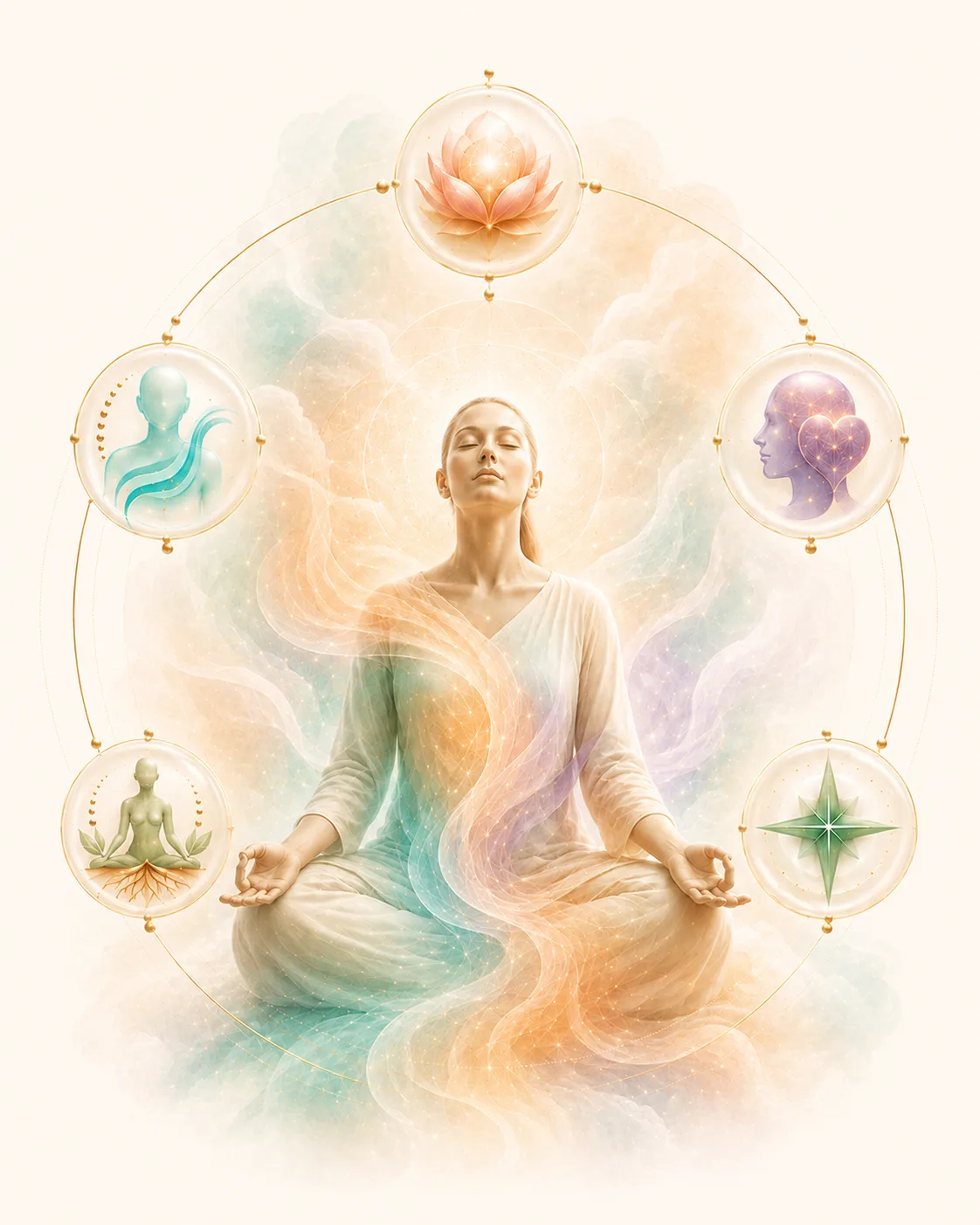 The five koshas surrounding a seated figure.
